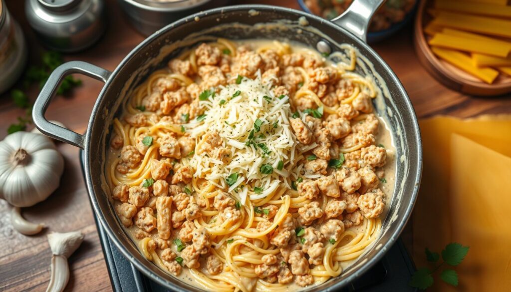 One-Skillet Creamy Chicken Pasta Cooking Process