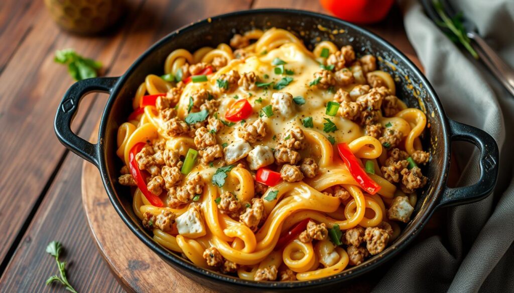 one-skillet cheesy ground chicken pasta recipe