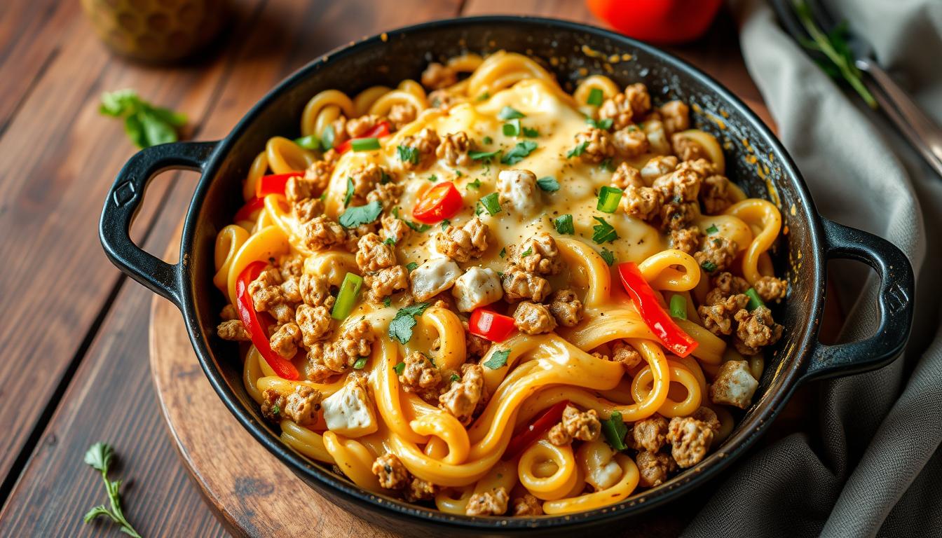 One-Skillet Cheesy Ground Chicken Pasta Recipe